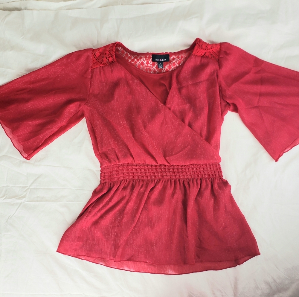 Red Shimmer Bell Sleeve Lace Top Medium Juniors